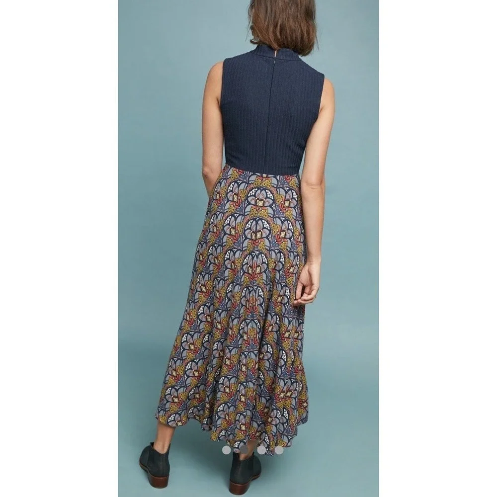 TINY Anthropologie Sophie Dress Sz L Navy Sweater Bodice Rayon Skirt Midi / Maxi - Picture 2 of 16